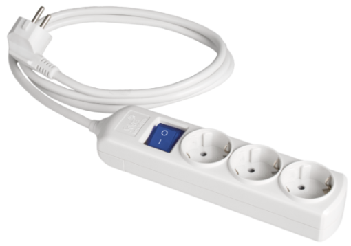 Cabo de extensão com 3 bases 2P + T, 16A 250V ~. Com interruptor de luz. Cabo de 2 m