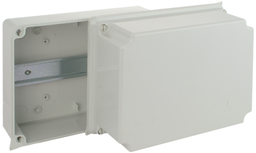 Caixa de ligação estanque 220 x 170 x 140 mm sem cones. Cor cinzenta e calha DIN.
