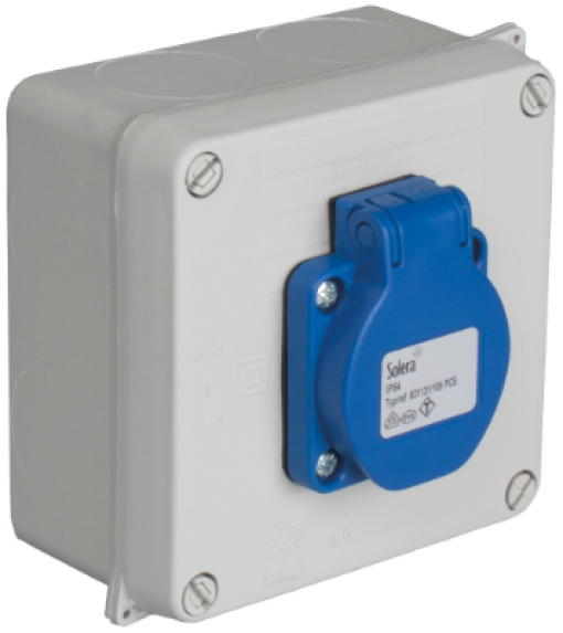 Caixa estanque montada com base Schuko 2P + E, 16A, 250V ~, IP54.