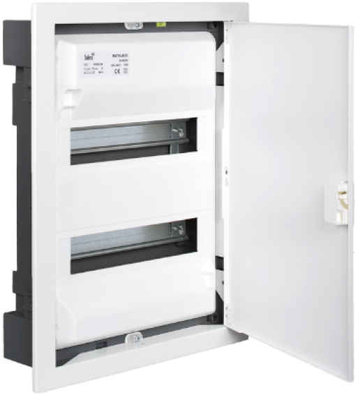 Flush distribution box of 28 modules. With metallic frame and door, white colour.