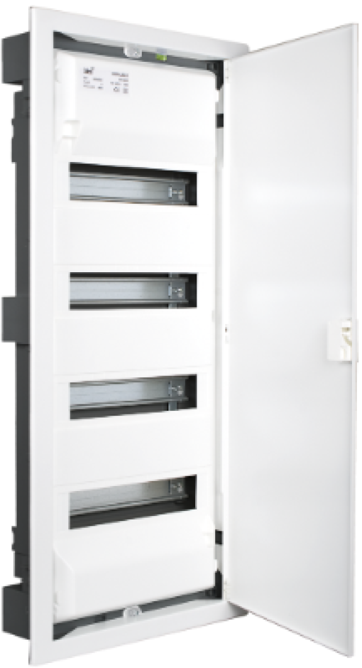 Flush distribution box of 56 modules. With metallic frame and door, white colour.