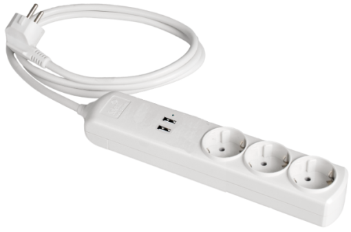 Cabo de extensão com 3 bases 2P + T, 16A 250V ~ + 2 USB tipo A. 5.0 VDC. 2.1A. P. Máx. 10.5W.