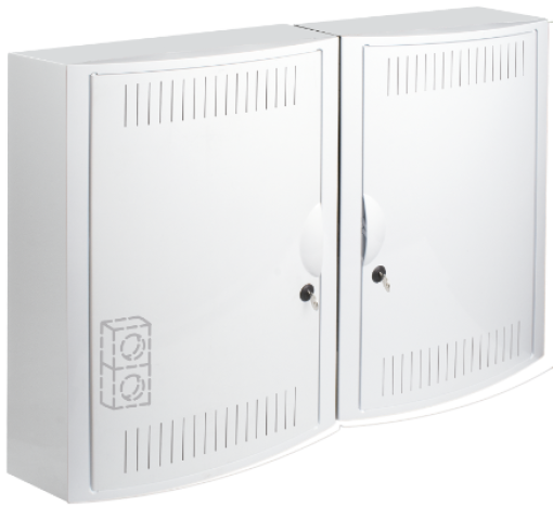 Network termination box 725 x 543 x 115 mm. Surface. With mounting plate for active and passive telecommunications modules. With 35 mm DIN rail. With 2 sockets 2P+E, 16A 250V ~. With 2 locks and metal keys.