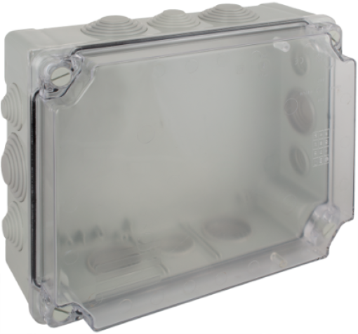 Sealed connection box 310 x 240 x 125 mm with cones. Grey colour and transparent cover.