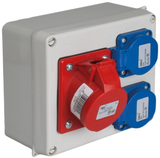 Caixa estanque montada 165 x 135 x 70 mm com 2 bases Schuko 2P + E, 16A, 250V ~ + 1 CE 3P + E 16A 400V ~ base