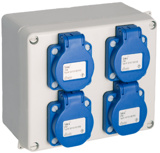 Caixa estanque montada 165 x 135 x 70 mm com 4 bases Schuko 2P + E, 16A, 250V ~, IP54.