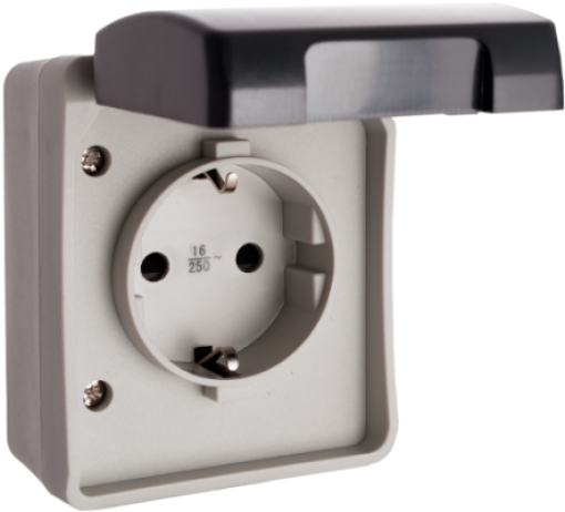 Tomada fixa estante 2P +TTL, 16A 250V ~. IP44. De superfície.