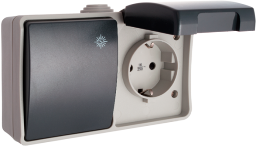 Tomada fixa estanque 2P + T, 16A 250V ~ + comutador / interruptor estanque  10AX 250V ~. IP44. De superfície.