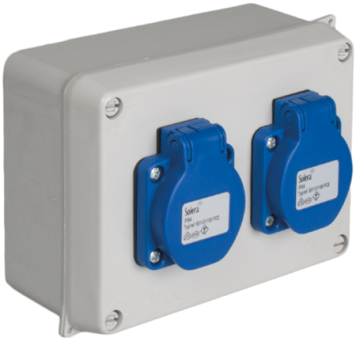 Caixa estanque montada 153 x 100 x 65 mm com 2 bases Schuko 2P + E, 16A, 250V ~, IP54.