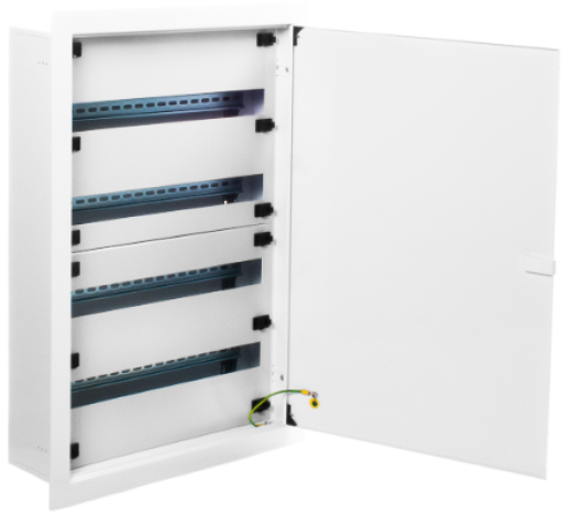 Armários metálicos de distribuição de encastrar.96 elementos. Com perfil DIN de 35 mm. Inclui terminais de terra e neutro.