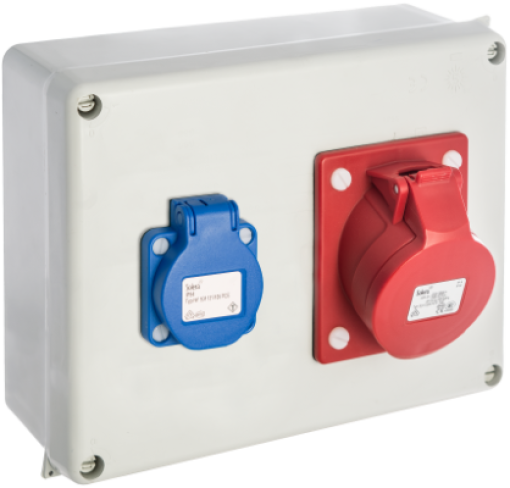 Caixa estanque montada 220 x 170 x 80 mm com 1 tomada Schuko 2P + E, 16A, 250V ~ + 1 tomada CE 3P + E 16A 400V ~