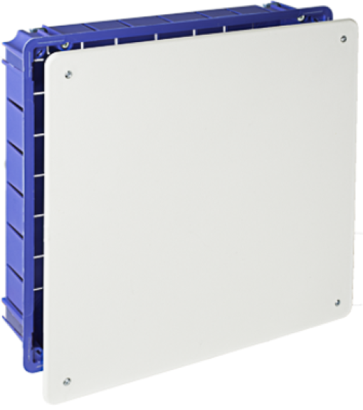 Caixas de ligação para divisória oca. 250 x 250 mm. Tampa com parafusos. Fixação com garras de metal.