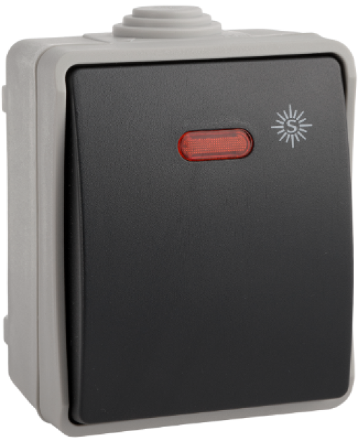 Comutador / interruptor luminoso estanque 10AX 250V ~  IP54. De superfície.