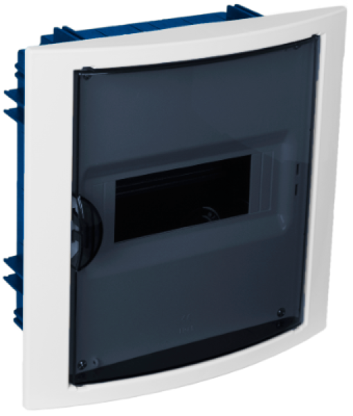 Flush distribution board in hollow partition of 8 modules.