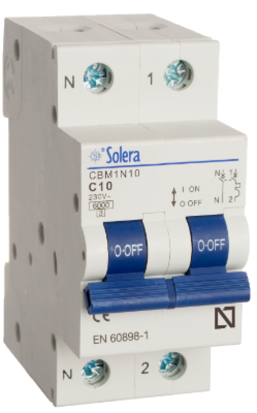 1P+N Circuit Breaker Solera, 10A. Breaking capacity 6 kA. Curve C.