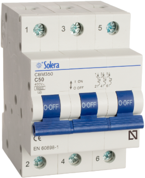 3P Circuit Breaker, 50A. Breaking capacity 6 kA. Curve C.
