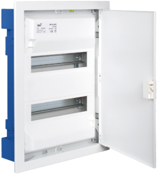 Flush distribution box in hollow partition of 28 modules. With white metal frame and door