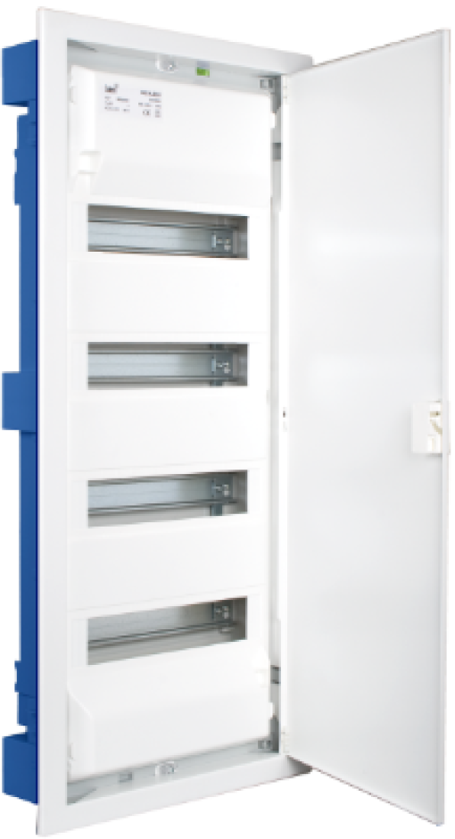 Flush distribution box in hollow partition of 56 modules. With white metal frame and door