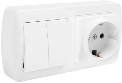 Base fixa 2P + E, 16A 250V ~ + comutador / interruptor duplo 10AX 250V. De superfície.