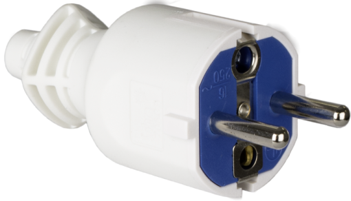 2P + E plug, 16A 250V~. White elastomer.