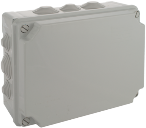 Sealed connection box 310 x 240 x 125 mm with cones. Grey colour.