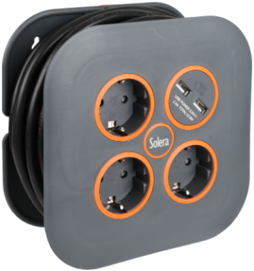 Enrolador de cabo com 3 bases 2P + T, 16A 250V ~.+ 2 tomadas USB 5 m de cabo H05VV-F 3G1,5 mm²