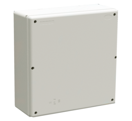 Connection sealed box without cones. Grey colour. IP65. External dimensions 362 x 362 x 140 mm. Internal dimensions 354x354x131 mm