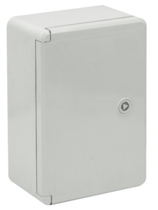 Thermoplastic waterproof enclosure. Smooth door (opaque). External dimensions 200x300x130. With metal mounting plate.