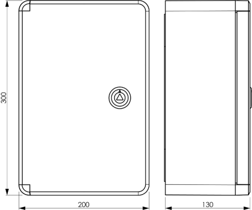 Caixa estanque termoplástica. Porta lisa (opaca). Dimensões externas 200x300x130. Com placa de metal.