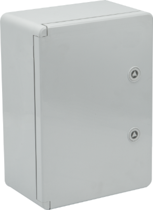Thermoplastic waterproof enclosure. Smooth door (opaque). External dimensions 250x350x150. With metal mounting plate.