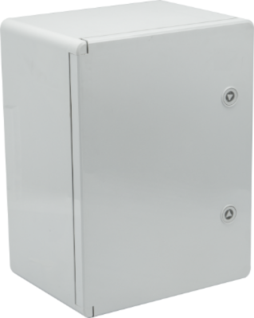 Thermoplastic waterproof enclosure. Smooth door (opaque). External dimensions 300x400x220. With metal mounting plate.