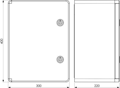 Thermoplastic waterproof enclosure. Smooth door (opaque). External dimensions 300x400x220. With metal mounting plate.