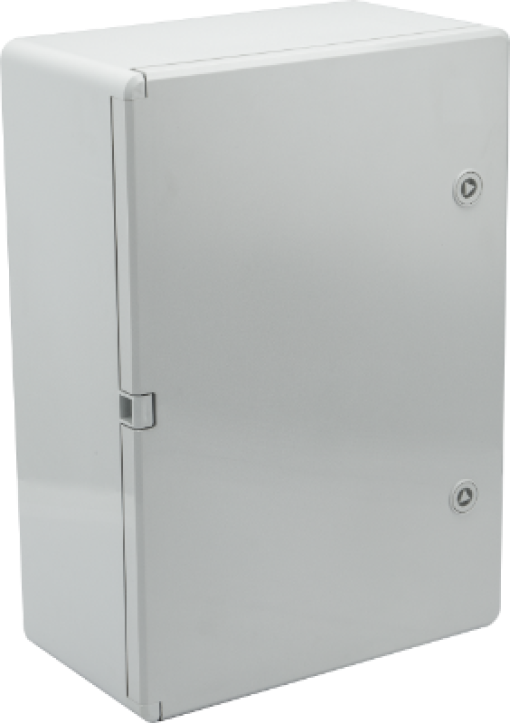 Thermoplastic waterproof enclosure. Smooth door (opaque). External dimensions 350x500x190. With metal mounting plate.
