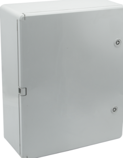 Thermoplastic waterproof enclosure. Smooth door (opaque). External dimensions 400x500x180. With metal mounting plate.
