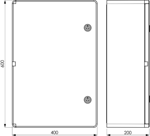 Caixa estanque termoplástica. Porta lisa (opaca). Dimensões externas 400x600x200. Com placa de metal.