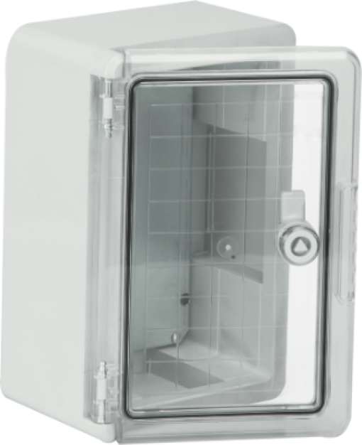 Thermoplastic waterproof enclosure. Smooth door (transparent). External dimensions 200x300x130. With metal mounting plate.