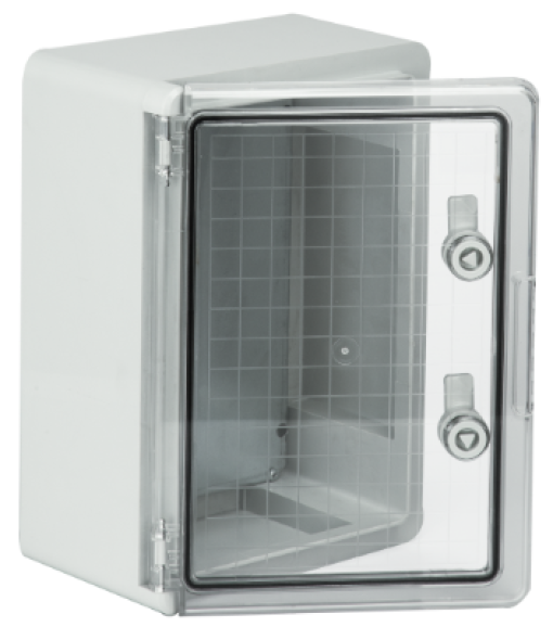 Thermoplastic waterproof enclosure. Smooth door (transparent). External dimensions 250x350x150. With metal mounting plate.