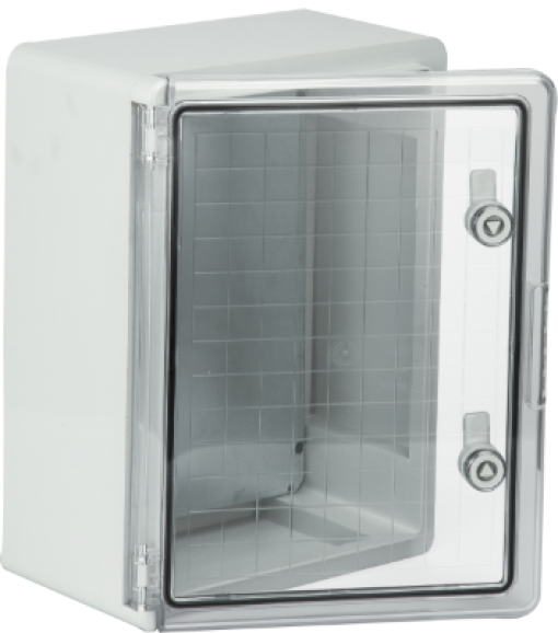 Thermoplastic waterproof enclosure. Smooth door (transparent). External dimensions 300x400x170. With metal mounting plate.