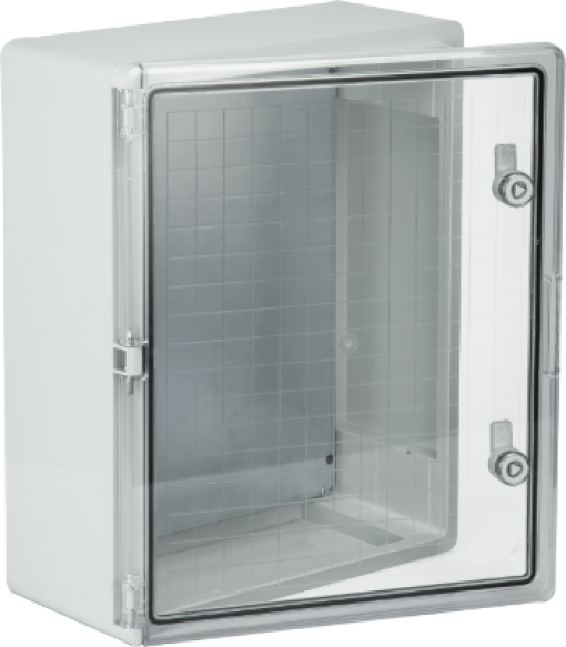 Thermoplastic waterproof enclosure. Smooth door (transparent). External dimensions 400x500x180. With metal mounting plate.