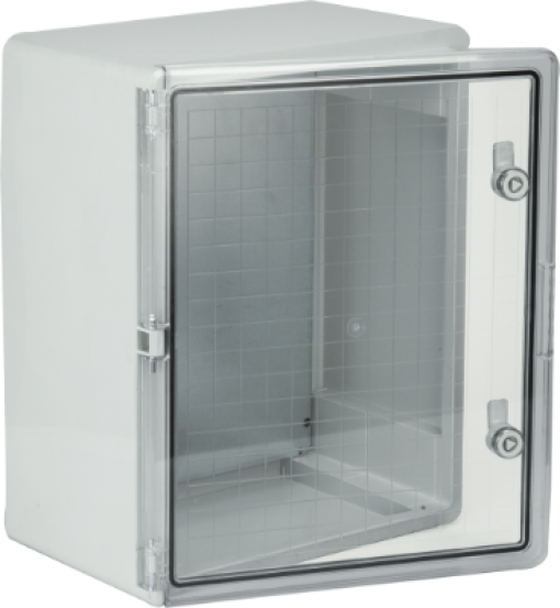 Thermoplastic waterproof enclosure. Smooth door (transparent). External dimensions 400x500x240. With metal mounting plate.