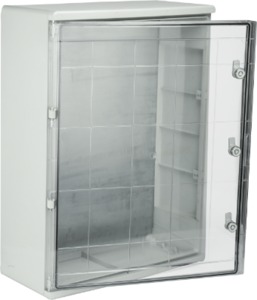 Thermoplastic waterproof enclosure. Smooth door (transparent). External dimensions 600x800x260. With metal mounting plate.