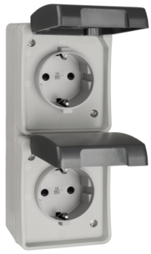 Tomada Duplo fixa vertical 2P + E, 16A 250V ~. IP44. De superfície.