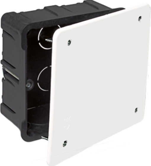 Caixa de ligação para divisória oca. Dimensões para encastrar 107 x 107 x 45. 12 entradas para tubo Ø 25. Tampa com parafusos e com parafusos e garra metálica