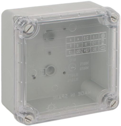 Caixa de ligação estanque 100 x 100 x 55 mm sem cones. Cor cinzenta com tampa transparente.