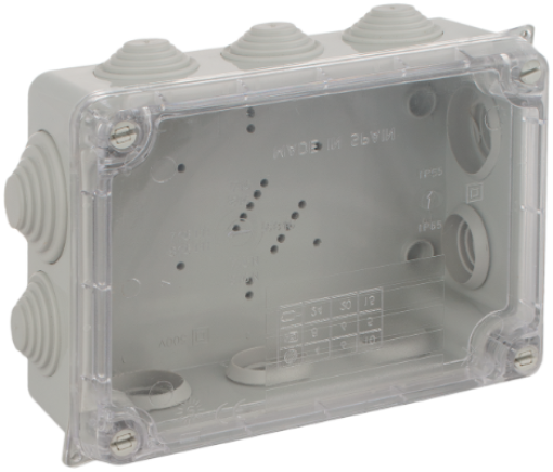 Caixa de ligação estanque 153 x 110 x 65 mm com cones. Cor cinza e tampa transparente.