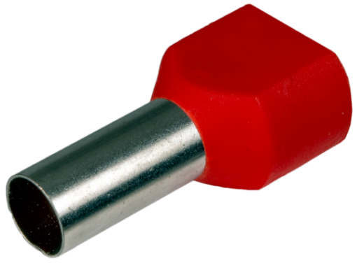 Terminais de ponta oca duplos. Para secção 2x10 mm² - 14 mm. Cor vermelha.