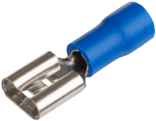 Terminais Faston 0,8 x 6,35 mm, para secção de 1,5 a 2,5 mm², cor azul.