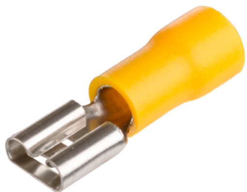 Terminais Faston 0,8 x 6,35 mm, para secção de 4 a 6 mm², cor amarela.