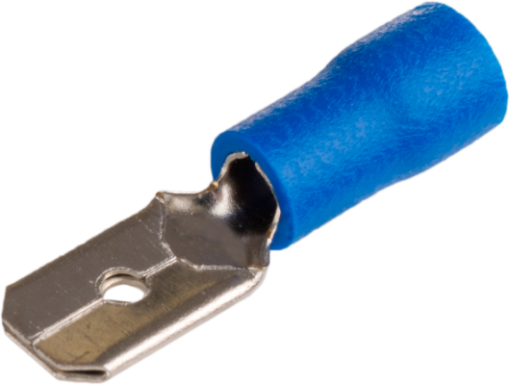 Terminais de guia 0,8 x 6,35 mm, para secção de 1,5 a 2,5 mm², cor azul.