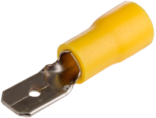 Terminais de guia 0,8 x 6,35 mm, para secção de 4 a 6 mm², cor amarela.